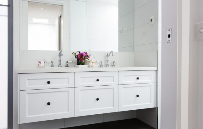 Wall hung vanity in a luxury Hamptons styled bathroom — Expert Plumbers in Coolangatta, QLD